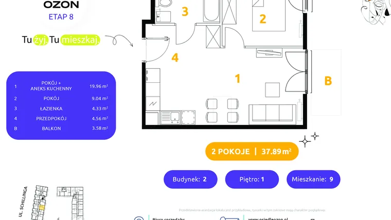 Rzut - Mieszkanie na sprzedaż 2 pokoje o powierzchni 37,89 m² - numer 2.9 w Osiedle Ozon etap VIII