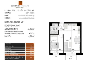 Rzut - Mieszkanie na sprzedaż 2 pokoje o powierzchni 46,35 m² - numer 8B w Osiedle Farbiarska II