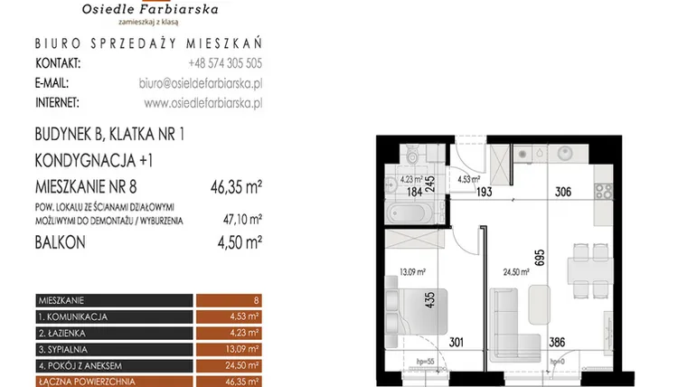 Rzut - Mieszkanie na sprzedaż 2 pokoje o powierzchni 46,35 m² - numer 8B w Osiedle Farbiarska II