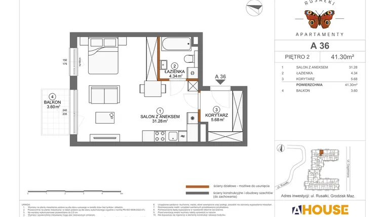 Rzut - Mieszkanie na sprzedaż 1 pokój o powierzchni 41,3 m² - numer A36 w Apartamenty Rusałki