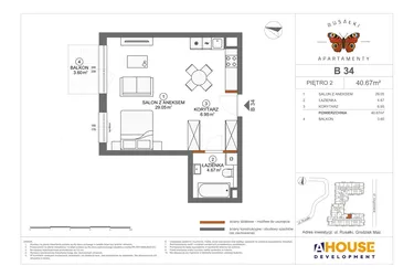 Rzut - Mieszkanie na sprzedaż 1 pokój o powierzchni 40,67 m² - numer B34 w Apartamenty Rusałki