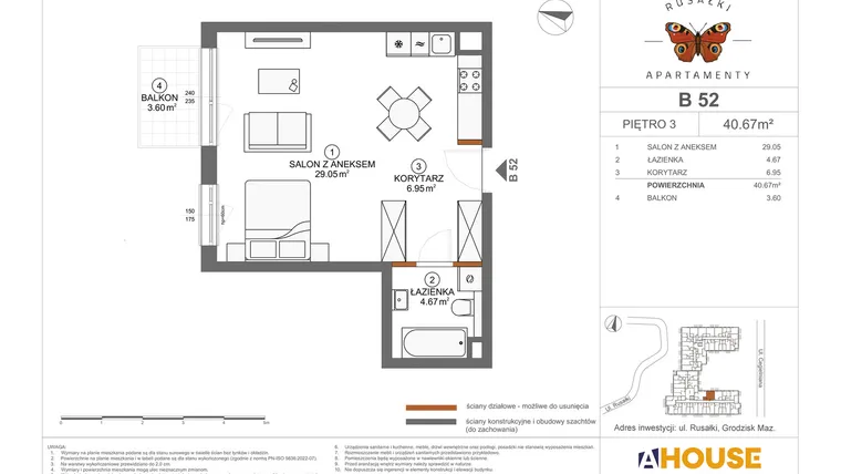 Rzut - Mieszkanie na sprzedaż 1 pokój o powierzchni 40,67 m² - numer B52 w Apartamenty Rusałki