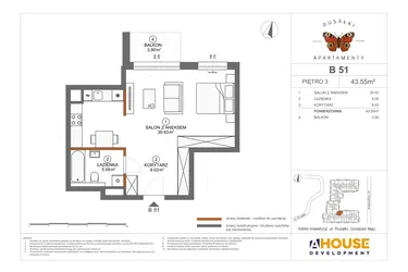 Rzut - Mieszkanie na sprzedaż 1 pokój o powierzchni 43,55 m² - numer B51 w Apartamenty Rusałki