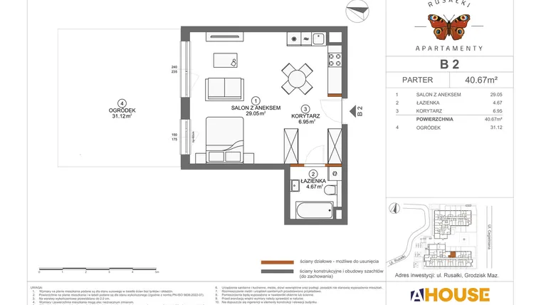 Rzut - Mieszkanie na sprzedaż 1 pokój o powierzchni 40,67 m² - numer B2 w Apartamenty Rusałki