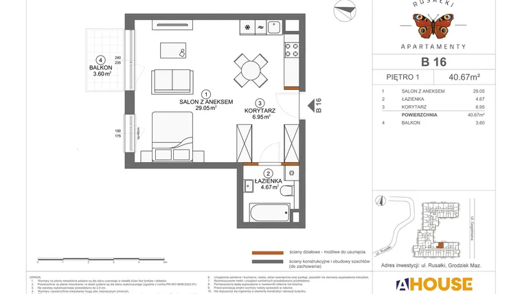 Rzut - Mieszkanie na sprzedaż 1 pokój o powierzchni 40,67 m² - numer B16 w Apartamenty Rusałki