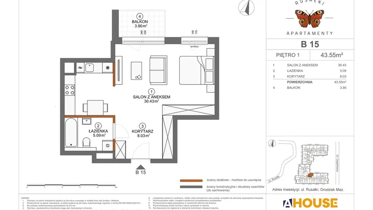 Rzut - Mieszkanie na sprzedaż 1 pokój o powierzchni 43,55 m² - numer B15 w Apartamenty Rusałki