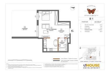 Rzut - Mieszkanie na sprzedaż 1 pokój o powierzchni 43,55 m² - numer B1 w Apartamenty Rusałki