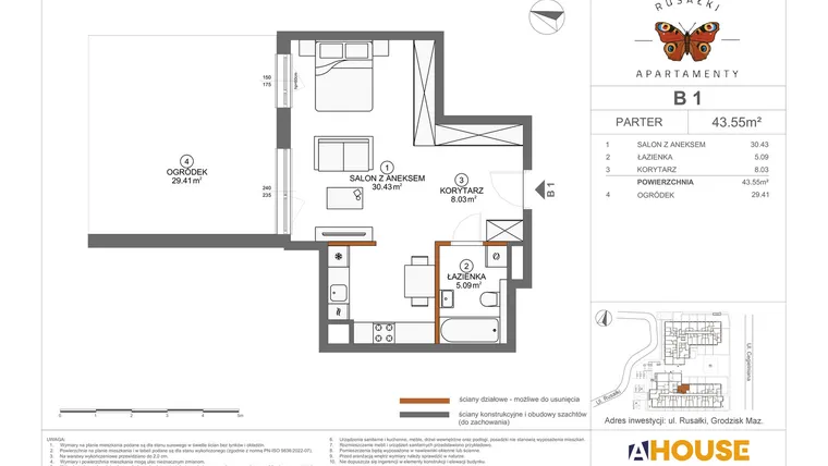 Rzut - Mieszkanie na sprzedaż 1 pokój o powierzchni 43,55 m² - numer B1 w Apartamenty Rusałki