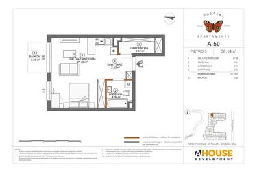 Rzut - Mieszkanie na sprzedaż 1 pokój o powierzchni 38,14 m² - numer A50 w Apartamenty Rusałki