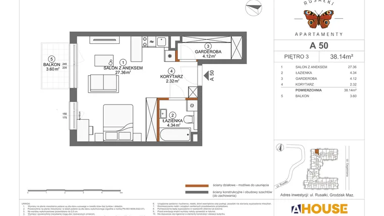 Rzut - Mieszkanie na sprzedaż 1 pokój o powierzchni 38,14 m² - numer A50 w Apartamenty Rusałki