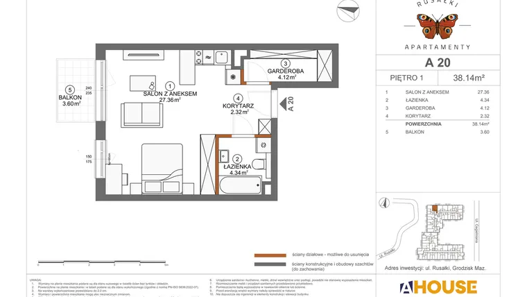 Rzut - Mieszkanie na sprzedaż 1 pokój o powierzchni 38,14 m² - numer A20 w Apartamenty Rusałki