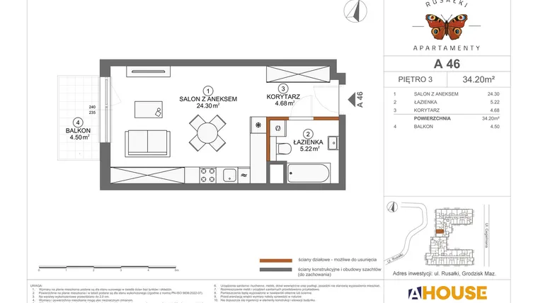 Rzut - Mieszkanie na sprzedaż 1 pokój o powierzchni 34,2 m² - numer A46 w Apartamenty Rusałki