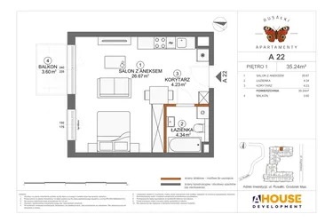 Rzut - Mieszkanie na sprzedaż 1 pokój o powierzchni 35,24 m² - numer A22 w Apartamenty Rusałki