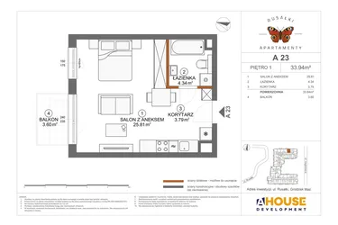 Rzut - Mieszkanie na sprzedaż 1 pokój o powierzchni 33,94 m² - numer A23 w Apartamenty Rusałki