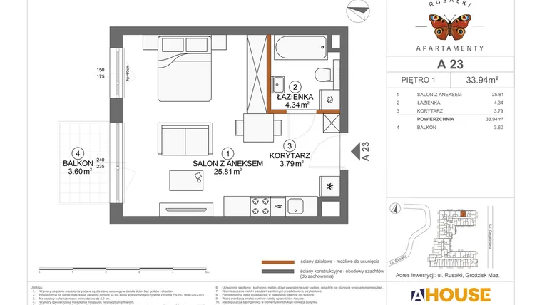 Rzut - Mieszkanie na sprzedaż 1 pokój o powierzchni 33,94 m² - numer A23 w Apartamenty Rusałki