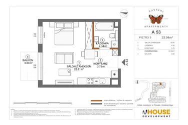 Rzut - Mieszkanie na sprzedaż 1 pokój o powierzchni 33,94 m² - numer A53 w Apartamenty Rusałki