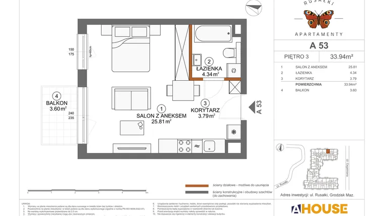Rzut - Mieszkanie na sprzedaż 1 pokój o powierzchni 33,94 m² - numer A53 w Apartamenty Rusałki