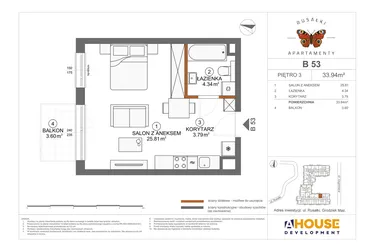Rzut - Mieszkanie na sprzedaż 1 pokój o powierzchni 33,94 m² - numer B53 w Apartamenty Rusałki