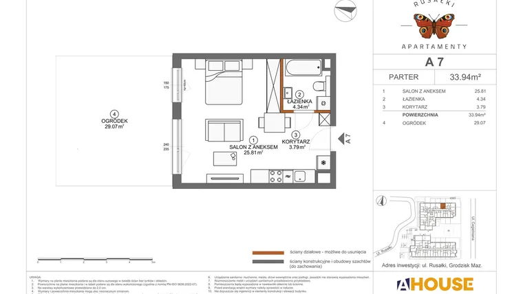 Rzut - Mieszkanie na sprzedaż 1 pokój o powierzchni 33,94 m² - numer A7 w Apartamenty Rusałki