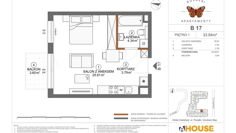 Rzut - Mieszkanie na sprzedaż 1 pokój o powierzchni 33,94 m² - numer B17 w Apartamenty Rusałki