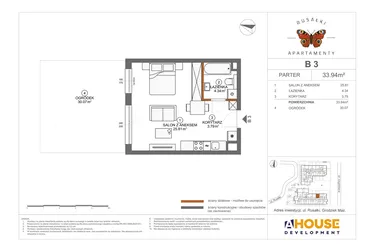 Rzut - Mieszkanie na sprzedaż 1 pokój o powierzchni 33,94 m² - numer B3 w Apartamenty Rusałki