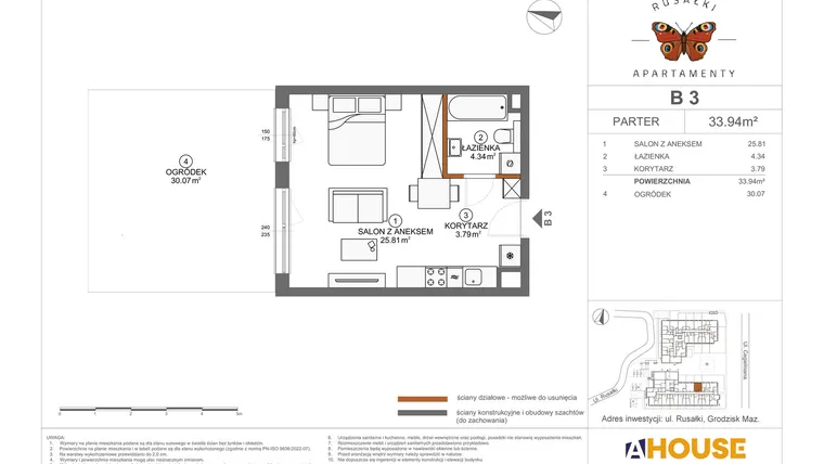 Rzut - Mieszkanie na sprzedaż 1 pokój o powierzchni 33,94 m² - numer B3 w Apartamenty Rusałki