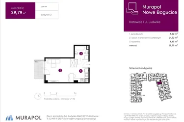 Rzut - Mieszkanie na sprzedaż 1 pokój o powierzchni 29,76 m² - numer 2.B.0.12 w Murapol Nowe Bogucice