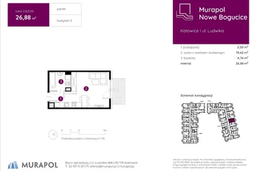 Rzut - Mieszkanie na sprzedaż 1 pokój o powierzchni 26,88 m² - numer 2.B.0.05 w Murapol Nowe Bogucice