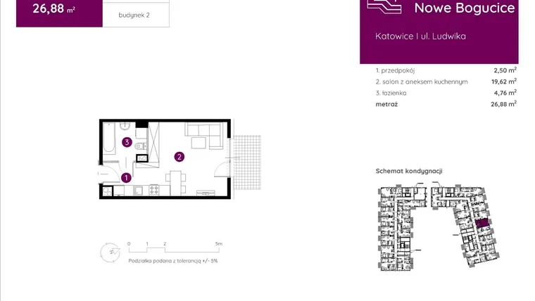 Rzut - Mieszkanie na sprzedaż 1 pokój o powierzchni 26,88 m² - numer 2.B.0.05 w Murapol Nowe Bogucice