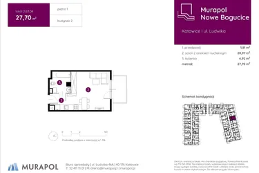 Rzut - Mieszkanie na sprzedaż 1 pokój o powierzchni 27,7 m² - numer 2.B.1.04 w Murapol Nowe Bogucice