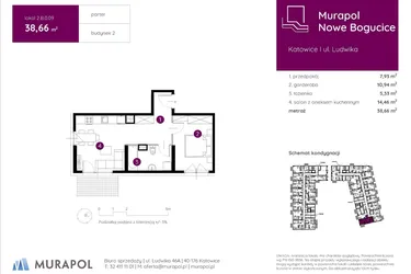 Rzut - Mieszkanie na sprzedaż 1 pokój o powierzchni 38,66 m² - numer 2.B.0.09 w Murapol Nowe Bogucice