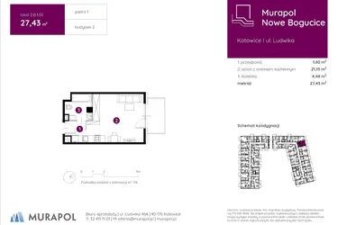 Rzut - Mieszkanie na sprzedaż 1 pokój o powierzchni 27,43 m² - numer 2.B.1.02 w Murapol Nowe Bogucice