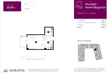 Rzut - Mieszkanie na sprzedaż 1 pokój o powierzchni 29,72 m² - numer 2.B.1.12 w Murapol Nowe Bogucice