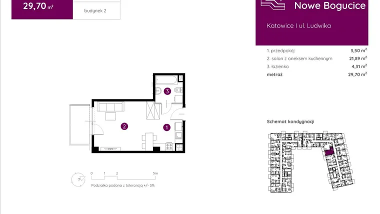 Rzut - Mieszkanie na sprzedaż 1 pokój o powierzchni 29,73 m² - numer 2.B.2.12 w Murapol Nowe Bogucice