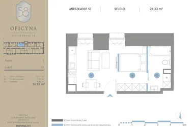 Rzut - Mieszkanie na sprzedaż 1 pokój o powierzchni 26,33 m² - numer 51 w Oficyna - mieszkania