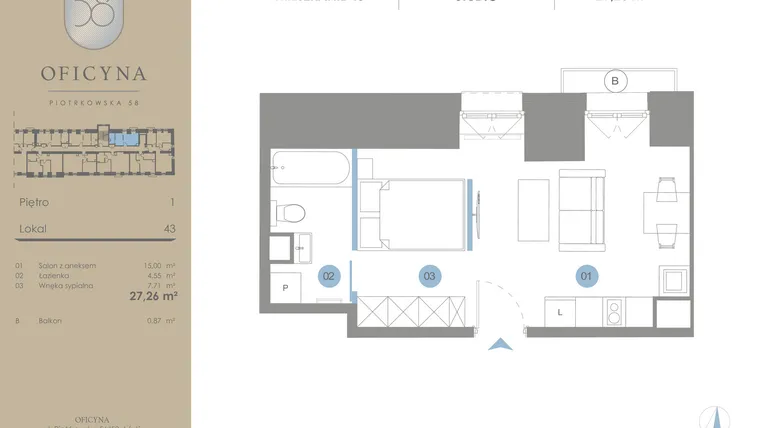 Rzut - Mieszkanie na sprzedaż 1 pokój o powierzchni 27,26 m² - numer 43 w Oficyna - mieszkania
