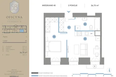 Rzut - Mieszkanie na sprzedaż 2 pokoje o powierzchni 36,75 m² - numer 45 w Oficyna - mieszkania