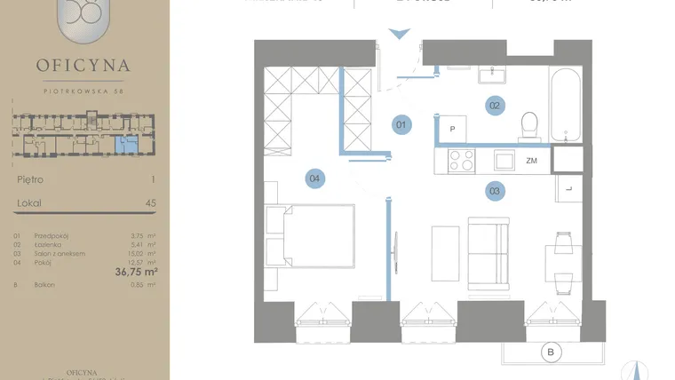 Rzut - Mieszkanie na sprzedaż 2 pokoje o powierzchni 36,75 m² - numer 45 w Oficyna - mieszkania