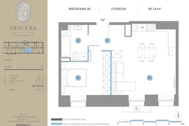 Rzut - Mieszkanie na sprzedaż 2 pokoje o powierzchni 49,14 m² - numer 46 w Oficyna - mieszkania