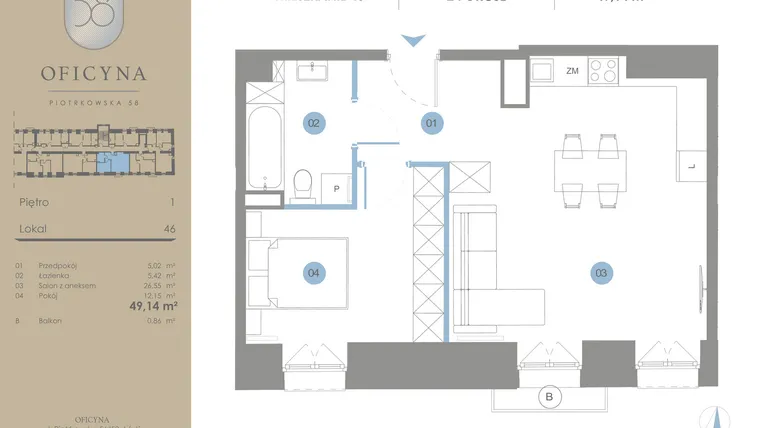Rzut - Mieszkanie na sprzedaż 2 pokoje o powierzchni 49,14 m² - numer 46 w Oficyna - mieszkania