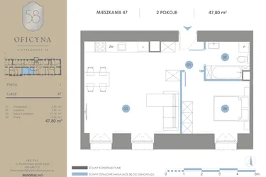 Rzut - Mieszkanie na sprzedaż 2 pokoje o powierzchni 47,8 m² - numer 47 w Oficyna - mieszkania