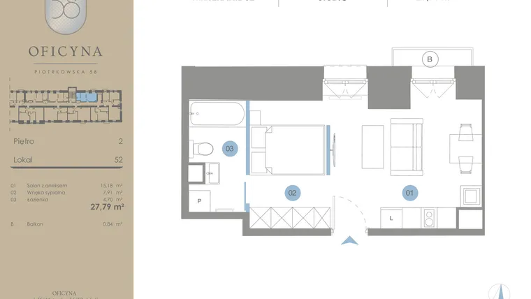 Rzut - Mieszkanie na sprzedaż 1 pokój o powierzchni 27,79 m² - numer 52 w Oficyna - mieszkania