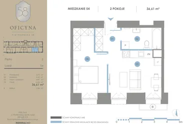 Rzut - Mieszkanie na sprzedaż 2 pokoje o powierzchni 36,61 m² - numer 54 w Oficyna - mieszkania