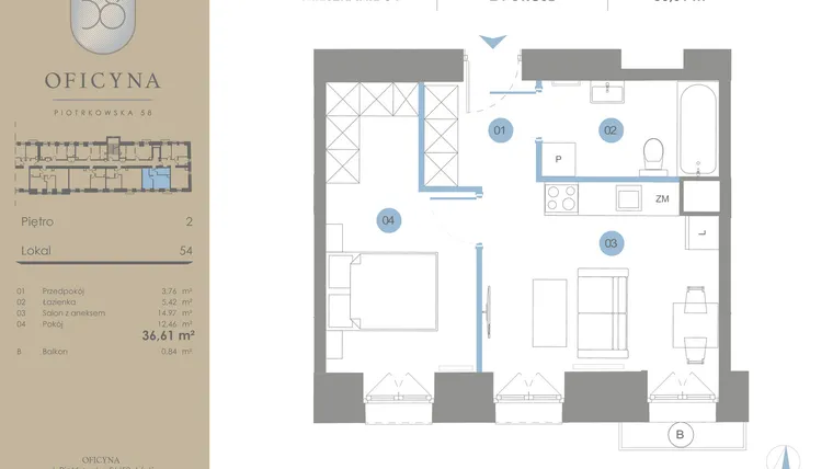 Rzut - Mieszkanie na sprzedaż 2 pokoje o powierzchni 36,61 m² - numer 54 w Oficyna - mieszkania