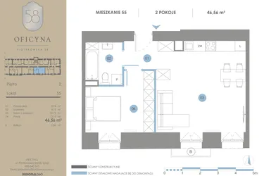 Rzut - Mieszkanie na sprzedaż 2 pokoje o powierzchni 46,56 m² - numer 55 w Oficyna - mieszkania