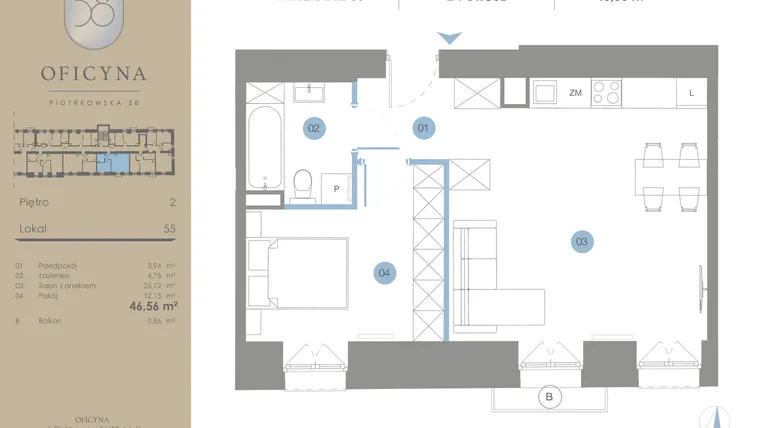 Rzut - Mieszkanie na sprzedaż 2 pokoje o powierzchni 46,56 m² - numer 55 w Oficyna - mieszkania