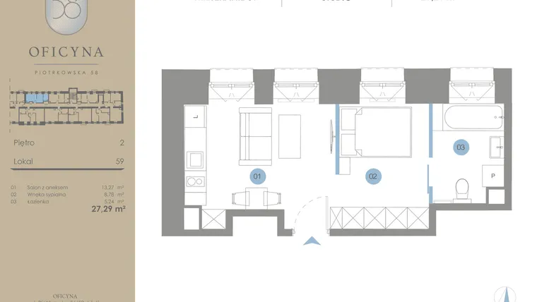 Rzut - Mieszkanie na sprzedaż 1 pokój o powierzchni 27,29 m² - numer 59 w Oficyna - mieszkania