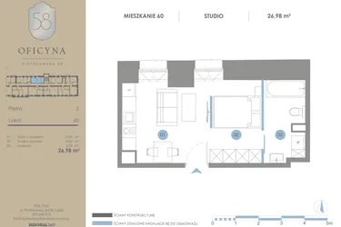 Rzut - Mieszkanie na sprzedaż 1 pokój o powierzchni 26,98 m² - numer 60 w Oficyna - mieszkania