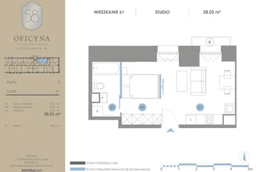Rzut - Mieszkanie na sprzedaż 1 pokój o powierzchni 28,02 m² - numer 61 w Oficyna - mieszkania
