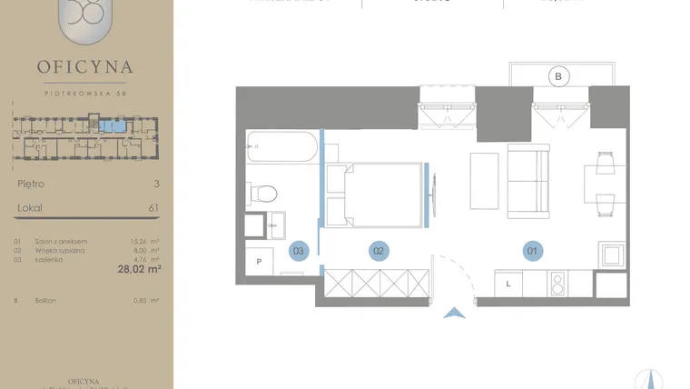 Rzut - Mieszkanie na sprzedaż 1 pokój o powierzchni 28,02 m² - numer 61 w Oficyna - mieszkania
